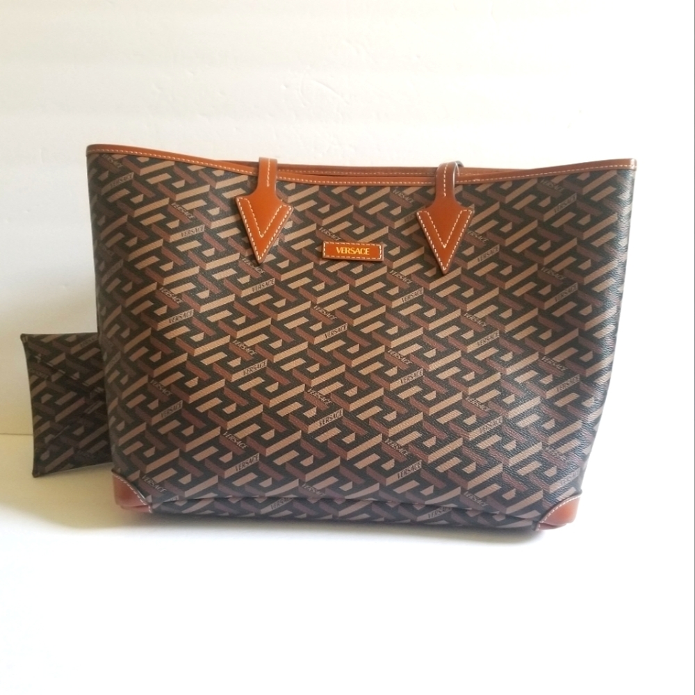 Versace Greca Monogram Coated Canvas Tote With Pouch Black Cream Gold - Picture 2 of 10